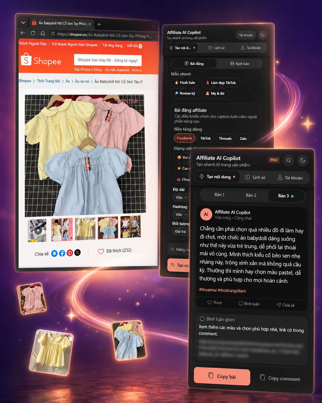 Trang sản phẩm Shopee bên cạnh các bước thiết lập và kết quả caption trong Affiliate AI Copilot
